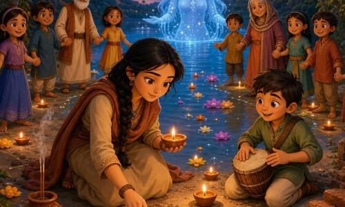 Leela, jeune femme aux traits doux et concentrés, cheveux noirs tressés, vêtue d’une tunique terre et d’un châle, tient une petite lampe d’argile et pose trois clés anciennes sur la rive tandis qu’à droite Binu, garçon de neuf ans, frappe un petit tambour en cuir en souriant, à genoux près d’elle ; autour d’eux un cercle d’enfants (6–10 ans) et deux anciens joignent les mains et chantent ; le lieu est un lac caché entre collines basses et palmiers, eau miroir, rives de sable fin, fleurs flottantes et briques anciennes enfouies, l’ambiance magique mais humble — bulles de lumière, reflets d’étoiles, fumée d’encens et lampes d’argile alignées — et, en arrière-plan à mi-eau, une gardienne des eaux féminine, translucide et tissée d’étoiles, sourit bienveillante ; couleurs saturées, contrastes chauds et textures visibles, composition centrée sur Leela et les clés.