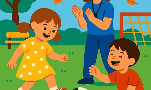 Lou, 4 ans, joyeuse et timide, cheveux châtain clair en couettes, baskets rouges et robe jaune à pois blancs, donne un petit coup de pied au ballon en souriant, Léo, environ 5 ans, cheveux bruns courts, à genoux en train de jouer et rire, Lou s'avance pour l'aider à se relever à droite, Mila, 4 ans, chapeau rond bleu et t-shirt vert, court en tendant la main en arrière-plan à gauche, coach Julie, environ 30 ans, tenue sportive bleue, souriante, tient un sifflet et applaudit à l'arrière, cour de récréation herbeuse avec petit but en bois peint en rouge, bancs en bois, feuilles qui tombent et ciel clair, scène : match amical de football avec ballon en cuir blanc et noir roulant vers Lou, enfants riant et gestes d'entraide, couleurs vives et formes arrondies style affiche enfantine.