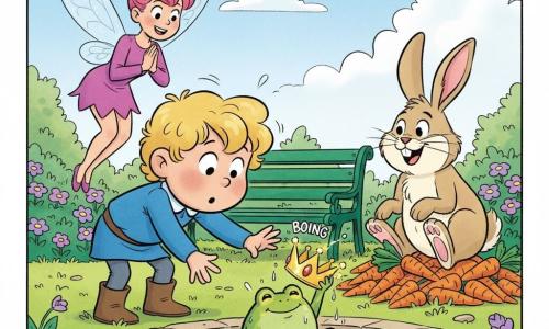 Pipo, petit prince blond aux cheveux bouclés et visage rond, en tunique bleue et bottines marron, se penche vers une mare pour reprendre sa couronne dorée qui a rebondi ; la fée Lili, petite adulte aux cheveux roses en chignon et ailes pailletées, flotte en riant derrière lui, un gros lapin gardien beige est assis sur un tas de carottes à droite en riant, et une grenouille verte ronde tient la couronne encore mouillée au bord de la mare dans un jardin de château coloré aux plates-bandes de carottes, nénuphars, fleurs mauves et banc vert — scène vive et animée aux couleurs vives.