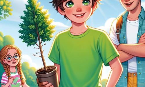 Léon, un garçon de 12 ans aux cheveux bruns en bataille et aux yeux curieux, se tient au centre, souriant, prêt à planter un jeune chêne avec une petite pelle. À ses côtés, Emma, 11 ans, aux cheveux blonds tressés et lunettes rondes, l'observe avec enthousiasme. Jules, 12 ans, aux cheveux châtains et taches de rousseur, l'encourage en tenant une bouteille d'eau. Ils se trouvent dans une forêt verdoyante, sous des rayons de soleil, entourés de fleurs sauvages. Léon, déterminé, s'apprête à planter l'arbre, soutenu par ses amis dans cette action pour la nature.
