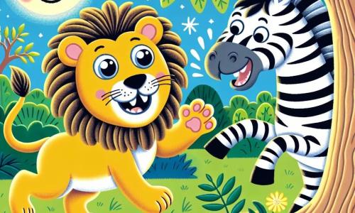 Léo le lion, un lion majestueux avec une crinière dorée et des yeux malicieux, bondit joyeusement derrière un arbre avec un grand sourire. Zoé le zèbre, aux rayures noires et blanches éclatantes, est cachée derrière un buisson, riant aux éclats avec une expression espiègle. La scène se déroule dans un zoo coloré, avec des arbres verdoyants et une douce lumière de lune. Léo et Zoé jouent à cache-cache, Léo cherchant Zoé avec enthousiasme, tandis que Zoé essaie de ne pas rire trop fort.