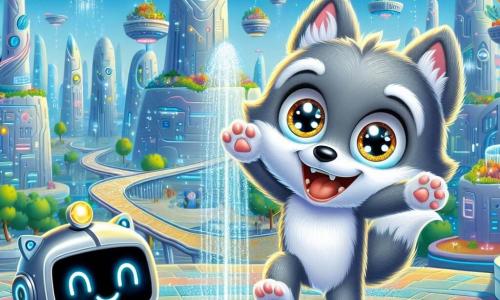 Un petit loup nommé Loulou, avec une fourrure douce et grise, des yeux brillants et un grand sourire, saute joyeusement dans une fontaine de Lumiville, éclaboussant des gouttes d'eau scintillantes. À proximité, un robot amical nommé Robo, avec un corps en métal argenté et un écran souriant, observe Loulou en riant. En arrière-plan, la ville futuriste de Lumiville se déploie avec des bâtiments en forme de fleurs géantes, des jardins suspendus et des routes brillantes, le tout sous un ciel bleu éclatant. La scène capture le moment joyeux où Loulou découvre la magie de la ville, entouré de rires et de couleurs vives.