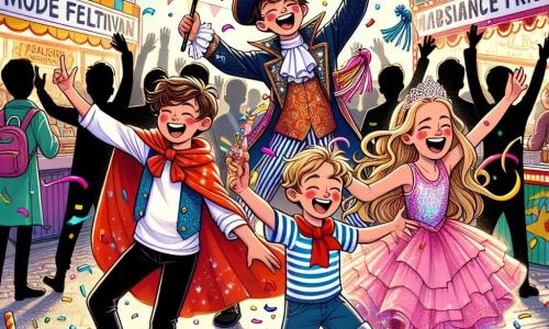 Lors du carnaval de Montpoulain, quatre amis se tiennent ensemble dans une ambiance festive. Nathan, un garçon de onze ans, est déguisé en pirate avec un chapeau noir et un faux perroquet. Léo, dix ans, est un magicien avec une cape noire et une baguette magique. Clara, dix ans, brille dans sa robe de princesse rose, tandis que Sam, onze ans, se présente en super-héros avec une cape rouge. Le décor est coloré, avec des banderoles, des stands de nourriture et des danseurs en costumes. Les amis rient et s'amusent, entourés de jongleurs et d'artistes, créant une atmosphère joyeuse.