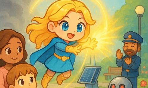 Auréolia, héroïne aux cheveux dorés flottants et cape bleu azur, sourit déterminée en projetant un grand faisceau doré pour former une bulle lumineuse autour d’un générateur solaire afin de dissiper un brouillard gris; au premier plan à gauche, un garçon de 6 ans châtain tient la main de sa mère en robe rose, soulagée et aimante, qui le serre, à droite un robot flottant argenté aux yeux rouges éteints gît parmi des fleurs, et au fond le Capitaine Olympe en uniforme bleu marine applaudit dans un parc urbain lumineux aux allées pavées, parterres multicolores, lampadaires ronds et fontaine, le tout en style couleurs pastel vives, contours doux et expressions mignonnes.