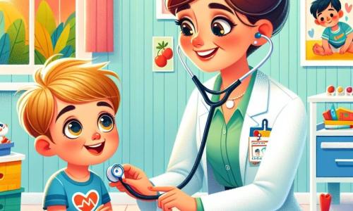 Une femme médecin, Docteur Zoé, souriante, porte une blouse blanche et un stéthoscope. Elle écoute le cœur d'un petit garçon avec bienveillance. À côté, un garçon de 6 ans, aux cheveux blonds en bataille, regarde avec curiosité, tenant un dessin de son héros. Le cabinet médical est lumineux, avec des murs verts pastel et des jouets au sol. Docteur Zoé explique au garçon le fonctionnement du stéthoscope, tandis qu'il sourit, fasciné par le bruit du cœur.