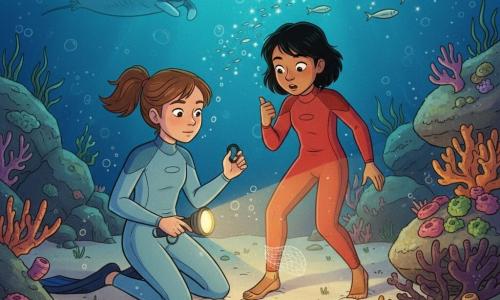 Deux fillettes de 11 ans plongent au crépuscule sur un récif peu profond : Maëlle, châtain avec une petite queue de cheval, visage concentré, en combinaison bleu clair, agenouillée sur le sable translucide, tient une petite bague en caoutchouc noire dans la main droite et éclaire la scène avec une lampe étanche à gauche ; Inès, cheveux noirs courts, expression surprise mais rassurée, en combinaison rouge, légèrement à droite et en retrait, a un filet transparent accroché à la cheville gauche et montre le pouce levé vers Maëlle. Autour d’elles, rochers moussus couverts d’anémones roses et vertes, coraux orange et violet, bancs de petits poissons argentés, un petit crabe brun et quelques algues ; une grande raie passe en arrière-plan. Maëlle aide Inès avec une mini-lame de sécurité ; des bulles s’échappent de leurs détendeurs. Atmosphère calme, couleurs chaudes et lumineuses, style bande dessinée aux contours doux et textures fines.