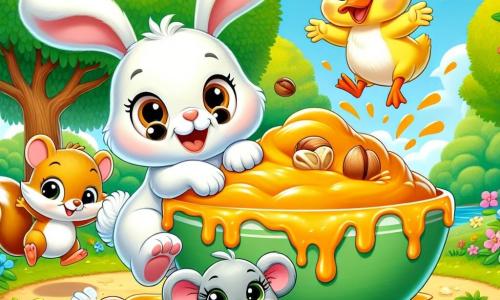 Dans une clairière ensoleillée, Petit Lapin, un lapin aux grandes oreilles et au pelage blanc, saute joyeusement avec un grand sourire. À ses côtés, Mimi la Souris, espiègle et pleine d'énergie, rit aux éclats. Polo le Canard, avec son plumage jaune, fait des pirouettes en poussant des « coin coin ! » joyeux, tandis que Lili l’Écureuil grimpe sur une branche, prête à sauter. La clairière est entourée d'arbres verts et de fleurs colorées. Au centre, un grand bol rempli d'une pâte orange est posé sur l'herbe, éclaboussé de farine et de noisettes. Les amis s'amusent à préparer un gâteau géant à la carotte, créant une scène pleine de joie.