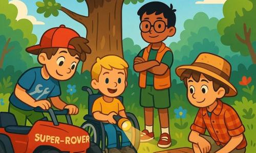 Quatre enfants se tiennent devant une trappe ouverte dans un vieux parc verdoyant. Lucas, 10 ans, cheveux bruns en bataille, vérifie les roues du 