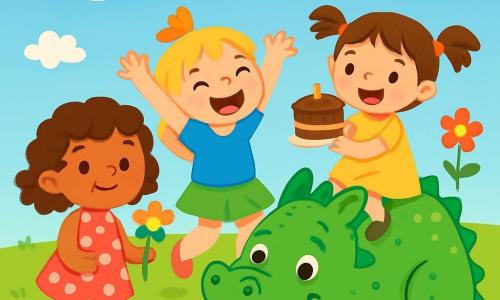 Il y a quatre personnages : Lila, une petite fille de 4 ans aux cheveux bouclés et bruns, souriante dans sa robe rose à pois blancs, tenant une fleur colorée ; Zoé, une petite fille de 4 ans aux cheveux blonds et raides, dansant joyeusement en tunique bleue et jupe verte ; Mia, une petite fille de 4 ans aux cheveux châtains en couettes, assise sur le dos d'un dragon en mousse, tenant un gâteau au chocolat ; et le dragon, une créature douce et moelleuse, verte avec des écailles brillantes, allongé au sol avec un grand sourire. Le décor est une clairière enchantée, entourée de fleurs colorées et d'herbe verte, sous un ciel bleu avec des nuages. Les personnages célèbrent une fête joyeuse, remplis de bonheur dans une atmosphère magique et festive.