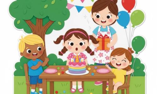 Lila, 4 ans, cheveux bruns en couettes, robe rose à pois blancs, souffle les bougies d'un gâteau licorne coloré au centre; Tom, ~5 ans, cheveux blonds courts, t-shirt bleu, applaudit à gauche; Mia, 2 ans, cheveux châtain clair, body jaune, rit en tenant un ballon vert à droite; Mademoiselle Chloé, cheveux attachés, tablier à fleurs, tient la boîte à cadeaux derrière la table; jardin ensoleillé avec pelouse et grand arbre, guirlandes et bouquets de ballons, table en bois décorée; gâteau à crème multicolore et corne dorée, bougies fumantes; ambiance festive, couleurs vives, formes rondes et expressions exagérées, composition centrée sur Lila.