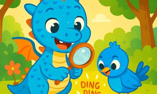 Un petit dragon bleu aux écailles scintillantes, avec de grands yeux joyeux, se tient au centre de l'image en souriant et tenant une loupe. À côté de lui, un oiseau bleu curieux regarde une pierre brillante dans l'herbe. Le décor est une clairière ensoleillée, entourée d'arbres verts et de fleurs colorées. Le dragon et l'oiseau découvrent une pierre qui émet un doux « ding-ding » en étant touchée, entourés de lumière et de magie, exprimant l'excitation d'une aventure.