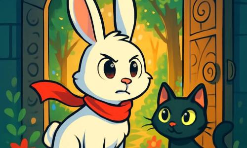 Un lapin blanc nommé Félix se tient au centre de l'image, avec un air déterminé. Son pelage est éclatant et il porte une écharpe rouge. À ses côtés, une chatte noire nommée Mia, avec des yeux verts, regarde avec excitation. En arrière-plan, une porte ornée de gravures s'ouvre sur un monde enchanteur, avec des arbres scintillants et des fleurs colorées. La scène évoque magie et aventure, alors que Félix et Mia s'apprêtent à entrer dans ce royaume caché, illuminé par une lumière dorée.
