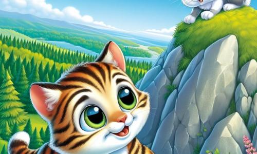 Félix, un petit chat tigré aux grands yeux brillants et au sourire déterminé, se tient sur une montagne escarpée, prêt à sauver son ami le lapin. Il est en position de saut, prêt à bondir. Le lapin, avec de grandes oreilles et un pelage blanc, est piégé dans un nid en haut de la montagne, regardant Félix avec espoir. La scène se déroule sur une montagne verdoyante, avec des rochers gris et des fleurs colorées, sous un ciel bleu parsemé de nuages blancs. Félix, courageux et déterminé, s'apprête à grimper pour sauver son ami, prouvant qu'un petit chat peut accomplir de grandes choses.
