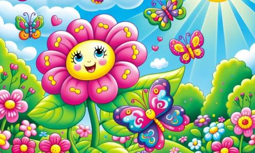 Dans un jardin coloré, une petite fleur rose nommée Fleurie danse joyeusement sous le soleil, entourée de feuilles vertes. À ses côtés, des papillons multicolores volent en tournoyant, s'amusant à la suivre. Le jardin est rempli de fleurs variées, d'arbres majestueux et d'un ciel bleu parsemé de nuages blancs. Fleurie et ses amis célèbrent la beauté du printemps et de la nature qui s'éveille.