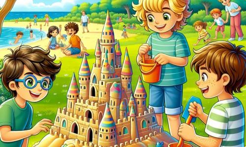 Dans un parc ensoleillé, trois garçons de onze ans, Lucas, Maxime et Nathan, sont réunis autour d'un immense château de sable. Lucas, au centre avec une pelle colorée, affiche un sourire excité. Maxime, à sa droite, observe le château avec émerveillement, un seau à la main, tandis que Nathan, à gauche, sculpte un dragon de sable, concentré. Le parc verdoyant est ombragé par des arbres, sous un ciel bleu avec quelques nuages. Les garçons discutent joyeusement de leur 