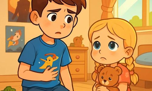 Lucas, 12 ans, aux cheveux châtains et aux yeux pétillants, est dans sa chambre, l'air inquiet. Il porte un t-shirt bleu avec un motif de super-héros et un short en jean. À côté de lui, sa sœur Emma, 7 ans, avec des cheveux blonds en tresses et des yeux ronds, le regarde en pleurant, tenant un ours en peluche. La chambre est décorée de posters de films d'aventure et de jouets éparpillés. Un rayon de soleil illumine la pièce, contrastant avec l'inquiétude des enfants. Ils sont assis sur le tapis, discutant sérieusement de la dispute de leurs parents. Lucas essaie de réconforter Emma, qui cherche des réponses.