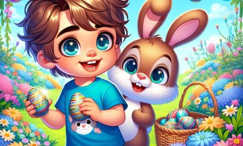 Lucas, un garçon de 8 ans aux cheveux châtains en bataille et aux yeux curieux, se tient dans un jardin coloré avec un grand sourire. Il porte un t-shirt bleu avec un lapin et un short vert, tenant un panier rempli d'œufs en chocolat colorés. À ses côtés, un lapin en peluche nommé Jules, aux oreilles longues, semble vivant et montre un œuf caché derrière un buisson fleuri. Le jardin est décoré de fleurs éclatantes, de guirlandes de papier et de lapins en peluche, créant une ambiance festive. Lucas découvre un œuf en chocolat brillant, riant avec Jules, prêt à continuer sa chasse aux œufs.