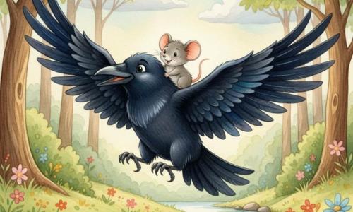 Un corbeau noir lustré aux reflets bleutés, ailes déployées et regard doux, porte délicatement sur son dos Mimi, une petite souris grise aux yeux ronds et confiants, tandis qu'ils survolent un ruisseau scintillant bordé d'arbres verts et jaunes et de fleurs colorées, sous une douce lumière matinale aux tons pastel, ambiance aquarelle tendre et rassurante.