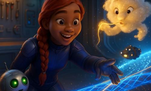 Nova, jeune femme inventive au regard concentré et doux, cheveux roux en longue natte, en combinaison spatiale bleu nuit à reflets violets, tend la main gantée vers une liane d'énergie bleue qu'elle tisse en passerelle lumineuse; Bibi, petit robot boule argenté aux yeux LED verts, roule près de ses pieds et clignote d'admiration en surveillant les instruments; le Brumeur, créature de nuages scintillants et de poussière d'étoiles dorée, flotte à côté de la passerelle en soufflant un fil d'or, d'allure joueuse et bienveillante; en arrière-plan, l'atelier de la base Azura avec murs métalliques lisses, panneaux lumineux multicolores, outils suspendus et un couloir subspatial brillant comme une rivière de diamants; la scène montre Nova renforçant une passerelle d'énergie bleue et dorée tandis qu'un petit vaisseau marchand lumineux approche, éclairages contrastés — lueur froide bleue de la passerelle, reflets chauds dorés, particules scintillantes — angle dynamique en plan moyen rapproché, rendu 3D lisse, textures brillantes et détails enfantins.