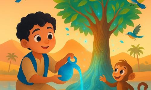 Garçon type Aladdin aux cheveux noirs bouclés, agenouillé et versant une gourde d'élixir bleu lumineux sur les racines d'un grand arbre ancien ; le singe espiègle Abu, perché sur une pierre, tend la main vers la lumière ; l'arbre au tronc veiné s'illumine, ses feuilles deviennent vert émeraude et doré, de petites étincelles bleues flottent ; des oiseaux colorés (colibris et mésanges) tournent en cercle ; l'oasis au creux des dunes dorées montre une eau claire reflétant un ciel rose-orangé, palmiers fins et fleurs sauvages turquoise et pourpre au bord ; scène magique, atmosphère chaleureuse et lumière dorée de fin d'après-midi, style enfantin moderne, couleurs saturées et textures lisses, composition centrée, haute résolution.