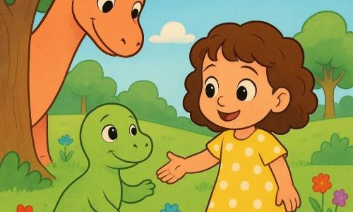 Une fillette de 4 ans, cheveux châtains bouclés, robe jaune à pois blancs, souriante et émerveillée, tend la main pour rassurer un petit dinosaure vert clair aux yeux ronds qui passe de tristes à joyeux et lui colle la patte; derrière, une grande mère dinosaure saumon au regard bienveillant se tient près d’un arbre à gauche; prairie ensoleillée avec herbe, fleurs colorées et grands arbres sous un ciel bleu; scène tendre où la fillette aide le petit dinosaure à retrouver sa maman dans une ambiance chaleureuse et sûre.
