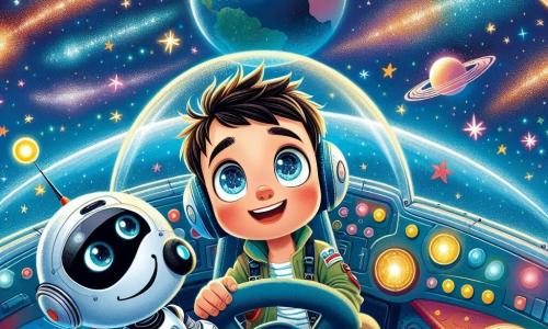 Maxime, un homme aux cheveux bruns et aux yeux curieux, est assis dans le cockpit de son vaisseau spatial, L’Étoile Voyageuse. Il affiche une expression d’émerveillement en regardant les étoiles scintillantes à travers le hublot. À ses côtés, Pipo, un robot amical avec un corps argenté et des yeux lumineux, observe avec enthousiasme. Le vaisseau est entouré d'un ciel étoilé, avec des planètes colorées et des nébuleuses brillantes. En arrière-plan, la Terre apparaît comme une petite boule bleue et verte. Maxime et Pipo décollent vers l'infini, prêts pour une aventure spatiale incroyable, entourés d'étoiles symbolisant l'excitation et la promesse de découvertes.