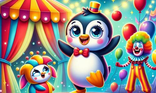 Un petit pingouin nommé Pipo, rond et mignon, avec un ventre blanc et un bec jaune, saute de joie au centre d'un chapiteau de cirque. Ses yeux brillent d'excitation alors qu'il tient un ballon rouge dans ses nageoires. À côté de lui, Zozo le clown, avec son grand nez rouge et ses cheveux multicolores, rit en jonglant avec des pommes. Il porte un costume à rayures jaunes et rouges. En arrière-plan, Lili la funambule, en robe scintillante, marche sur un fil, ses plumes colorées flottant autour d'elle. Le chapiteau est rempli de couleurs vives et de lumières scintillantes, créant une ambiance joyeuse. La scène montre Pipo s'amusant avec ses amis dans une atmosphère magique et festive.