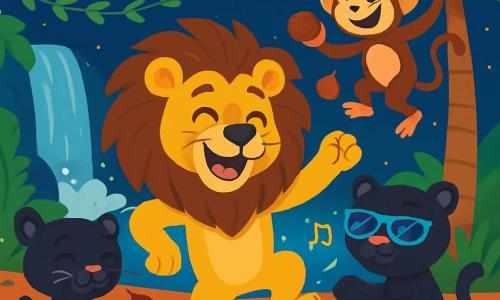 Un lion doré, avec une crinière touffue et un grand sourire, danse sur une piste improvisée, entouré de guirlandes de feuilles et de ballons colorés. À ses côtés, une panthère noire avec des lunettes de soleil joue de la musique, tandis qu'un singe espiègle grimpe à un palmier et lance des noix de coco en riant. La scène se déroule sous un ciel étoilé près d'une cascade scintillante, où les animaux de la jungle se rassemblent pour une fête joyeuse, pleine de rires et de couleurs.