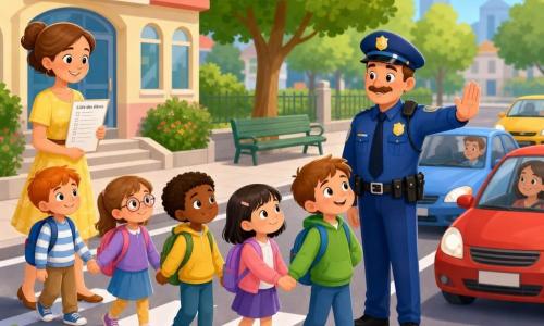 Un policier souriant et bienveillant, visage rond et petite moustache, en uniforme bleu et casquette, lève la main pour arrêter les voitures et guide la traversée ; Timéo, environ 6 ans, cheveux châtain clair et regard curieux, tient la main du camarade et ferme la file, la maîtresse Madame Dupont (30–40 ans) en robe jaune, cheveux attachés, sourit en tenant la liste des élèves juste derrière la file, plusieurs enfants (5–7 ans) en file indienne portant des vêtements colorés et des cartables pastel se tiennent la main sur un passage piéton bien marqué devant une école aux murs crème et grandes fenêtres, voitures arrêtées, arbres verts et banc en arrière-plan, atmosphère ordonnée, joyeuse et sécurisée.