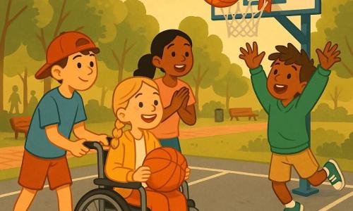 Quatre enfants sur un terrain de basket extérieur : Emma, 11 ans, cheveux blonds tressés, en fauteuil roulant gris, vient de marquer en lançant un ballon orange dans le panier; Tom, 12 ans, cheveux bruns courts, casquette rouge à l’envers et t-shirt bleu, la pousse en souriant et penché vers elle; Lucas, 11 ans, cheveux châtains ébouriffés en sweat vert, saute bras tendus pour célébrer; Sophie, 12 ans, cheveux noirs en queue et t-shirt rose pâle, se tient derrière en applaudissant, tous joyeux dans une scène dynamique sur un sol en enrobé gris, panier métallique avec planche bleue, arbres en arrière-plan et lumière dorée d’après-midi.