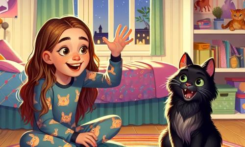 Une fille de 11 ans, Zoé, avec de longs cheveux châtains et des yeux curieux, est assise sur un tapis coloré dans sa chambre. Elle porte un pyjama à motifs de chats et sourit, émerveillée, en écoutant son chat noir, Tigris, qui raconte une histoire amusante. La chambre est chaleureuse, ornée de posters de licornes et de planètes, avec un lit douillet et des jouets éparpillés. Zoé, captivée par le récit de Tigris, rit en imaginant des biscuits étranges et des chiens en débat, créant une atmosphère joyeuse et magique.