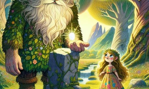 Balthazar, un géant au sourire doux, se tient au centre d'une clairière enchantée, avec une barbe couleur de mousse et des yeux brillants. Il admire une pierre étincelante sur un piédestal. À ses côtés, Lila, une petite fille de sept ans aux cheveux dorés, porte une robe colorée et se prépare à défendre la lumière contre l'ombre. La clairière est entourée d'arbres géants et de fleurs éclatantes, tandis qu'un ruisseau serpente à proximité. Balthazar et Lila font face à un nuage sombre, représentant le Gardien des Ombres. Lila avance courageusement, encouragée par le regard protecteur de Balthazar, créant une atmosphère de tension et d'espoir.