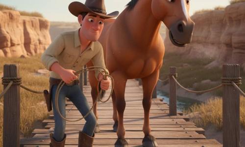 Tom, un jeune homme au visage rougi par le soleil en chemise beige et chapeau de cow-boy, penché sur une planche fendue d’un pont en bois en tenant une corde et une cale, avec son cheval brun Rio juste derrière lui posant prudemment une patte sur une planche qui craque ; scène en milieu de journée, ciel pâle, poussière dorée, falaises ocres et rivière brillante en dessous, cadrage rapproché en légère contre-plongée, ambiance chaleureuse ocre/brun/bleu pâle, rendu 3D doux et convivial aux traits arrondis et détails réalistes.