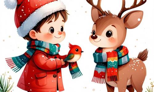 Un petit garçon de 3 ans, Léo, avec des joues roses et des yeux pétillants, porte un manteau rouge et un bonnet en laine. Il sourit, émerveillé par Noël, tout en tenant une écharpe qu'il a donnée à un oiseau. À ses côtés, un renne magique nommé Flocon, avec un pelage brun et un nez rouge, se tient sur ses pattes arrière, regardant Léo avec tendresse. Le décor est un parc féerique, recouvert de neige scintillante, avec des sapins décorés et des flocons tombant du ciel. La scène montre Léo et Flocon partageant un moment de tendresse, illustrant la magie de Noël et l'esprit de partage.