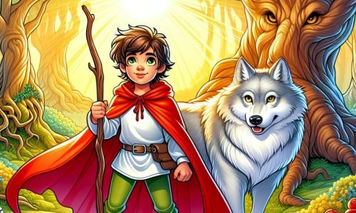 Un garçon de 10 ans, aux cheveux châtains et aux yeux curieux, se tient au centre d'une clairière. Il porte une cape rouge et tient un bâton en bois qu'il appelle « Excalibur ». Son visage exprime détermination et excitation. À ses côtés, un grand loup argenté, majestueux, se tient fier, sa fourrure brillant au soleil. La clairière est illuminée, entourée d'arbres aux troncs tordus, avec un vieux chêne en arrière-plan. Le garçon et le loup partagent un moment de complicité, prêts à affronter ensemble les mystères de la forêt, symbolisant l'amitié et le courage.