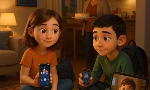 Fille de 12 ans, Inès : regard attentif et sourire doux, cheveux châtains mi-longs, assise sur un tapis coloré tenant un téléphone avec une playlist et ondes sonores ; garçon ~12 ans, Amir : timide mais apaisé, peau olive, cheveux noirs courts, assis à côté d’elle, penché vers elle, tient un petit téléphone, sac à dos derrière lui ; garçon ~12 ans, Tom : expression taquine visible sur l’écran d’un ordinateur en appel vidéo depuis une autre pièce, fait un pouce levé ; femme adulte (mère) Samira : trentaine-quarantaine, peau olive, cheveux relevés, souriante en arrière-plan dans la cuisine tenant un gâteau au yaourt ; lieu : petit salon lumineux et chaleureux avec tapis à motifs, lampe créant un cercle de lumière chaude, table basse en bois clair, affiche de constellations, feuilles et crayons éparpillés, fenêtre sur une rue tranquille ; situation : partage de musique et de mots, les enfants préparent une playlist en riant doucement, ambiance intime et coopérative, détails visibles : icônes de lecteur audio, ondes sonores colorées, tasse de chocolat chaud fumante, miettes de gâteau ; style visuel : rendu 3D doux et coloré, textures mates, personnages expressifs aux yeux larges, éclairage chaud et composition centrée sur le cercle de lumière et les deux enfants voisins.