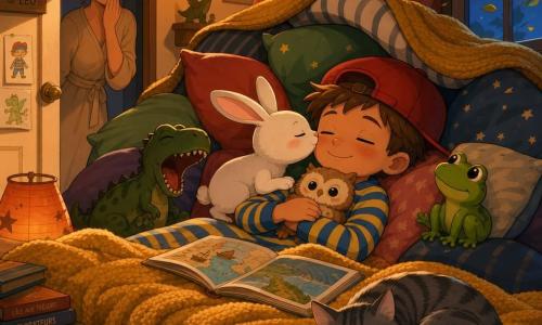Léo, 8 ans, souriant et apaisé, yeux mi-clos et casquette rouge sur le front, est allongé sur une montagne de coussins en pyjama rayé bleu et jaune, serre une chouette en peluche contre sa poitrine; sa mère, en robe beige, le regarde tendrement depuis l'encadrement de la porte, main sur la bouche; autour de lui une grenouille verte, un dinosaure vert foncé et un petit lapin qui lui fait un bisou sur le nez, tandis qu'un chat tigré du voisin est roulé en boule au pied du lit; la chambre, chaleureuse et cocooning, affiche des murs pastel, une couverture moutarde, un tunnel de coussins formant un fort, une lampe en papier diffusant une lumière orangée et une fenêtre où les feuilles dansent au vent; Léo est enfin endormi, calme, sourire de mission accomplie, peluches et chat comme équipage, livres ouverts autour de lui.