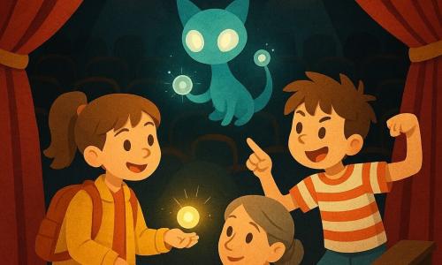 Lina, 8 ans, émerveillée et souriante, cheveux châtain en queue de cheval, veste jaune et sac à dos, tient une petite graine brillante et regarde un être extraterrestre translucide, de la taille d'un chat, corps bleu-vert et yeux lumineux, qui flotte au centre en tenant une minuscule sphère projetant une image; Nino, garçon d'environ 8 ans, espiègle, cheveux en bataille et tee-shirt rayé, fait une pose de robot et pointe la luciole; Madame Sorrel, animatrice calme aux cheveux gris attachés, est accroupie près d'un pupitre et observe avec bienveillance; décor: scène en bois poli, grands rideaux rouges ouverts, lampes dorées, sièges en arrière-plan et projecteurs doux; ambiance magique et amicale, échange de la graine brillante, textures papier découpé, couleurs vives et formes simples.