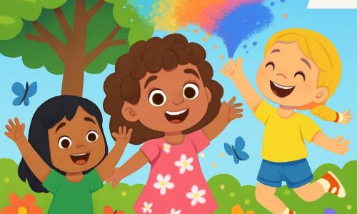 Trois personnages sont présents : Lila, une petite fille de 5 ans avec des cheveux bruns bouclés et une robe rose à fleurs, souriante au centre ; Zoé, avec des cheveux blonds tressés, un t-shirt jaune et un short en jean, sautillant à droite de Lila ; Amara, avec des cheveux noirs lisses, une robe verte, levant les bras à gauche de Lila. Elles se trouvent dans un jardin fleuri aux couleurs vives, avec des papillons et un grand arbre en arrière-plan sous un ciel bleu. Les trois amies jouent ensemble, riant et lançant des poudres colorées, symbolisant la joie et l'amitié.