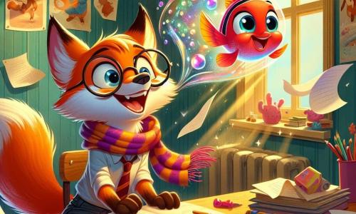 Archibald, un renard aux lunettes rondes et à l'écharpe colorée, rit aux éclats à son bureau en désordre, entouré de livres et de feuilles. Ses yeux brillent de curiosité en regardant Corail, un petit poisson rouge flottant dans une bulle magique à côté de lui. Corail, avec ses écailles scintillantes, fait des bulles d'eau tout en chantant. La chambre est chaleureuse, remplie de couleurs vives, avec des posters d'animaux et des jouets éparpillés. La lumière du soleil illumine la scène d'une lueur dorée. Archibald et Corail sont prêts à partir à l'aventure, dans une ambiance joyeuse, transportés par une vague magique vers un monde fantastique.