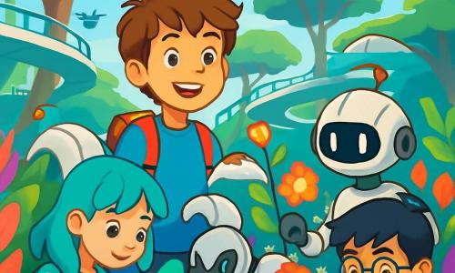Arthur, un garçon de 12 ans aux cheveux châtains et aux yeux curieux, se tient au centre, souriant. Il porte un t-shirt bleu et un sac à dos multicolore, observant un robot-jardinier qui taille des fleurs lumineuses. À ses côtés, Lila, également âgée de 12 ans, a des cheveux turquoise et porte une robe légère. Elle touche une plante brillante. Kenzo, un garçon japonais, se concentre sur une tablette interactive pour programmer le robot. Ils se trouvent dans un jardin suspendu futuriste rempli de plantes colorées et de fleurs luminescentes, avec des passerelles de verre et des drones volants. Ils explorent les merveilles de la technologie et de la nature, créant une atmosphère d'aventure.