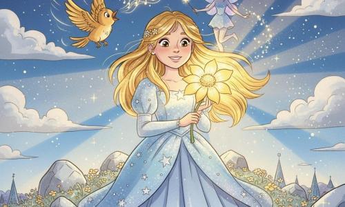 Eléa, jeune femme au visage rond et souriant et cheveux dorés longs, tient une grande Fleur de Lueur dorée qui éclaire son visage ; à ses côtés, l'oiseau doré Lumi vole en chantant près de son épaule et la fée Pétale, silhouette fine aux ailes translucides rosées, agite une baguette jetant des étincelles argentées. Sur le sommet de la Montagne des Étoiles, entre rochers lisses argentés et tapis de petites fleurs or et argent, sous un ciel nocturne profond parsemé d'étoiles et de nuages lumineux, la scène triomphante montre Eléa au centre, baignée d'une lumière chaude et dorée qui se répand vers le royaume en contrebas, ambiance douce aux couleurs pastel et dorées, traits ronds et expression d'espoir et de joie.