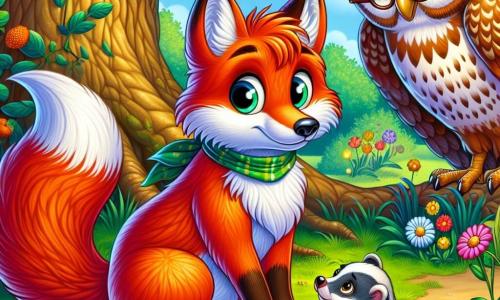 Un jeune renard au pelage roux se tient au centre de la scène, l'air triste et déterminé, tenant un crayon et un carnet de dessin. À sa droite, un hibou sage aux plumes brunes et blanches, avec des lunettes, l'observe avec bienveillance. À gauche, un jeune blaireau au pelage gris, hésitant et regrette ses moqueries passées, s'approche timidement. La scène se déroule sous un grand chêne, avec des fleurs colorées et des herbes hautes. Léo se prépare à partager ses dessins, tandis que le blaireau s'excuse, créant un moment de réconciliation dans la forêt.