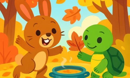 Un petit lapin nommé Léo, aux grandes oreilles et au pelage brun, saute joyeusement sur un tapis de feuilles d'automne colorées. À ses côtés, une tortue nommée Tilly, avec une carapace verte, sourit en ramassant une feuille rouge. La scène se déroule dans une forêt enchantée, où les arbres sont ornés de feuilles dorées, rouges et oranges, et où la lumière du soleil crée des ombres dansantes. Léo et Tilly ramassent des feuilles pour préparer une soupe d'automne, entourés de légumes frais et colorés.