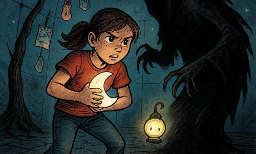 Lina, 12 ans, déterminée, visage rond à taches de rousseur, queue de cheval, tient près de sa poitrine une petite veilleuse lune blanche pulsante; debout sur un sol en bois fissuré, elle a rattrapé la veilleuse tombante et la brandit devant une serrure métallique et un anneau noir, sa lumière repoussant de petites ombres rampantes et une grande créature d'ombre en forme de manteau aux manches effilées qui recule; un petit phare jaune pâle flotte à son épaule droite pour la guider; au centre une colonne d'arbre noir sert de pilier où pendent des souvenirs (chausson rose, lettre froissée, mèche de cheveux, dessin), la pièce ronde aux parois de verre reflétantes et au plafond étoilé de veilleuses baigne dans un éclairage cinématographique avec encrage noir prononcé, couleurs saturées et textures granuleuses pour l'ombre, ambiance mystérieuse mais non terrifiante, perspective en légère contre-plongée pour souligner le courage de la fille.