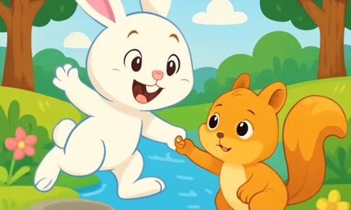 Un petit lapin blanc nommé Oscar, aux grandes oreilles et aux yeux pétillants, saute joyeusement sur des pierres au bord d'une rivière scintillante. Son pelage est doux et son sourire éclatant montre son enthousiasme. À ses côtés, un écureuil doré nommé Léo, avec une queue touffue, se tient sur une pierre, hésitant mais déterminé. La scène se déroule près d'une rivière claire, entourée de grands arbres verts et d'un ciel bleu avec des nuages blancs. Des fleurs colorées bordent le chemin, ajoutant des touches de rose et de jaune. Oscar tend la patte vers Léo, l'encourageant à sauter sur la pierre suivante, illustrant leur amitié et leur soutien mutuel.