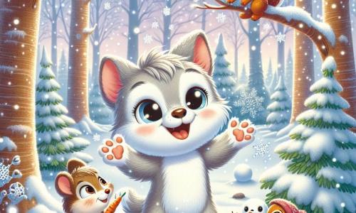 Un petit loup nommé Loulou, avec un pelage gris doux et des yeux curieux, se tient au centre de la scène, souriant joyeusement en levant les bras vers le ciel, entouré de flocons de neige. À sa droite, une petite souris brune saute de joie en lançant une boule de neige, et à sa gauche, un écureuil roux grimpe sur une branche, tenant une petite branche de sapin. La scène se déroule dans une forêt enchantée, où les arbres sont couverts de neige, créant une atmosphère féerique. Loulou et ses amis s'amusent à jouer dans la neige et à construire un bonhomme de neige.