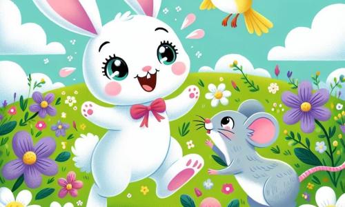 Un lapin blanc aux grandes oreilles et aux yeux pétillants saute dans un champ verdoyant rempli de fleurs colorées. Il sourit et danse, tandis qu'une petite souris grise avec un nœud rouge l'observe avec émerveillement. Un oiseau jaune chante sur une branche, ajoutant à l'ambiance joyeuse du printemps. Le champ est ensoleillé, avec des fleurs violettes, roses et jaunes, sous un ciel bleu clair. Le lapin et ses amis jouent à cache-cache parmi les fleurs, remplis de rires et de joie.