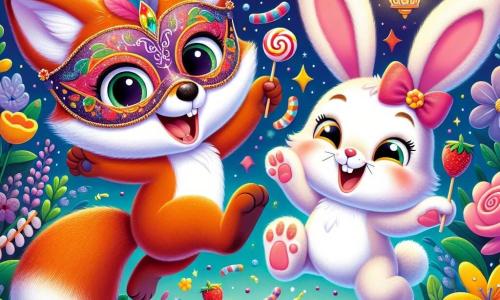 Un petit renard nommé Félix, au pelage roux et aux grands yeux pétillants, porte un masque coloré et saute joyeusement, souriant. À ses côtés, une lapine aux grandes oreilles blanches et au pelage doux, avec un nœud rose, rit en tenant des fraises en sucre. Le décor est un jardin féerique rempli de fleurs multicolores dansant au rythme de la musique, sous un ciel étoilé illuminé par des lanternes scintillantes. Félix et la lapine dansent ensemble, entourés de bonbons et de rires, célébrant la magie du carnaval.