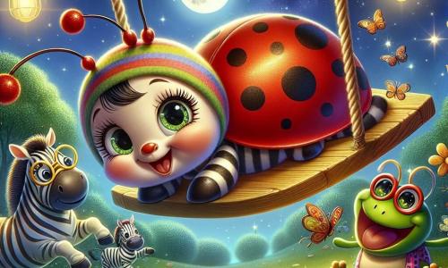 Une petite coccinelle nommée Lili, avec des ailes rouges et des points noirs, saute joyeusement sur une balançoire en bois. Ses yeux curieux et son sourire espiègle montrent son excitation à la recherche d'un trésor. À côté, un zèbre nommé Zozo, avec un chapeau coloré, regarde émerveillé, tandis qu'une grenouille nommée Loulou, avec de grandes lunettes, rit en glissant sur l'herbe. Le décor est un zoo nocturne, éclairé par la lune, avec des arbres et des étoiles. Lili et ses amis s'amusent à chercher un trésor caché sous la balançoire, remplis d'enthousiasme et de rires.